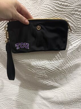 lululemon athletica Black TCU Logo Wristlet Clutch with Gold Hardware